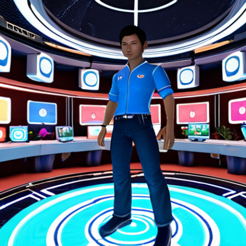 **A vibrant, customizable avatar stands confidently in a futuristic Vietnamese metaverse marketplace, surrounded by floating digital items and interacting with other unique avatars.** (Focus: Customization, Vietnamese setting)