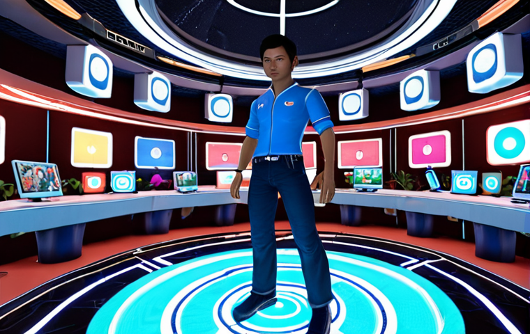 **A vibrant, customizable avatar stands confidently in a futuristic Vietnamese metaverse marketplace, surrounded by floating digital items and interacting with other unique avatars.** (Focus: Customization, Vietnamese setting)